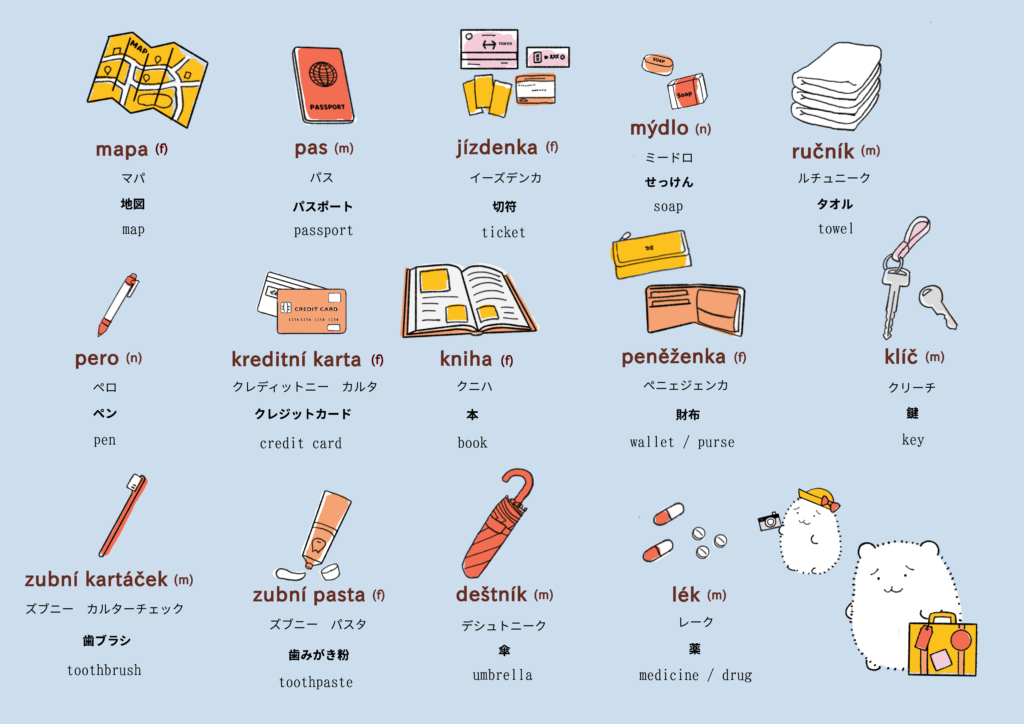 日用品に関するチェコ語のイラスト