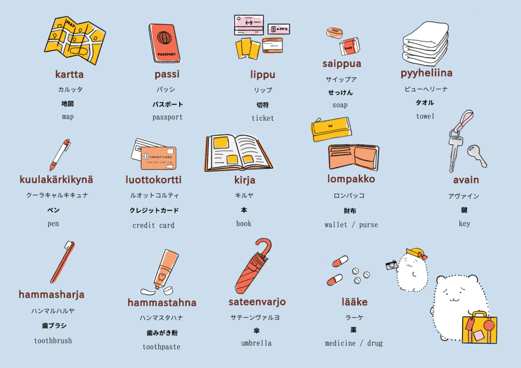 日用品に関するフィンランド語のイラスト