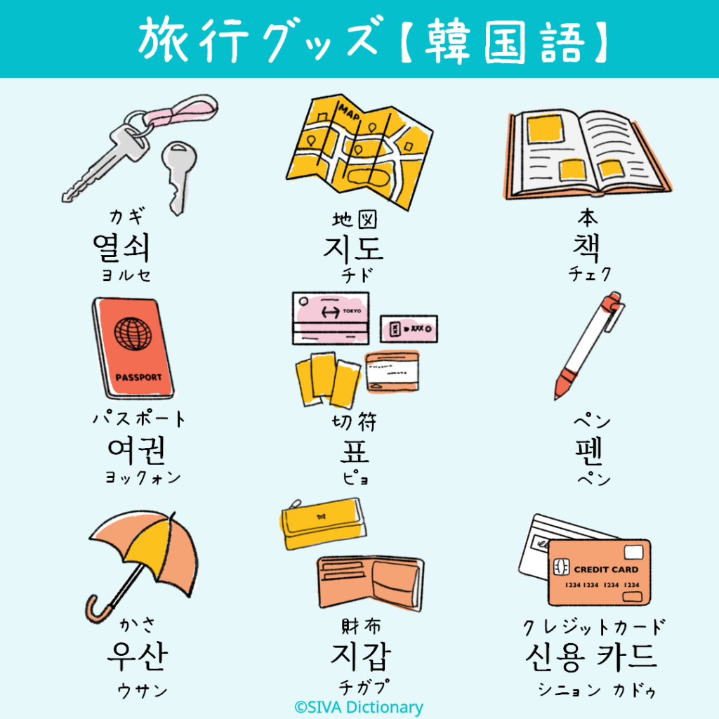 旅行グッズに関する韓国語のイラスト