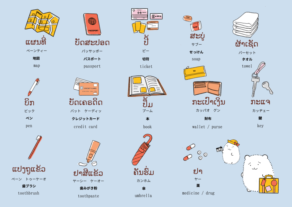 日用品に関するラオス語のイラスト